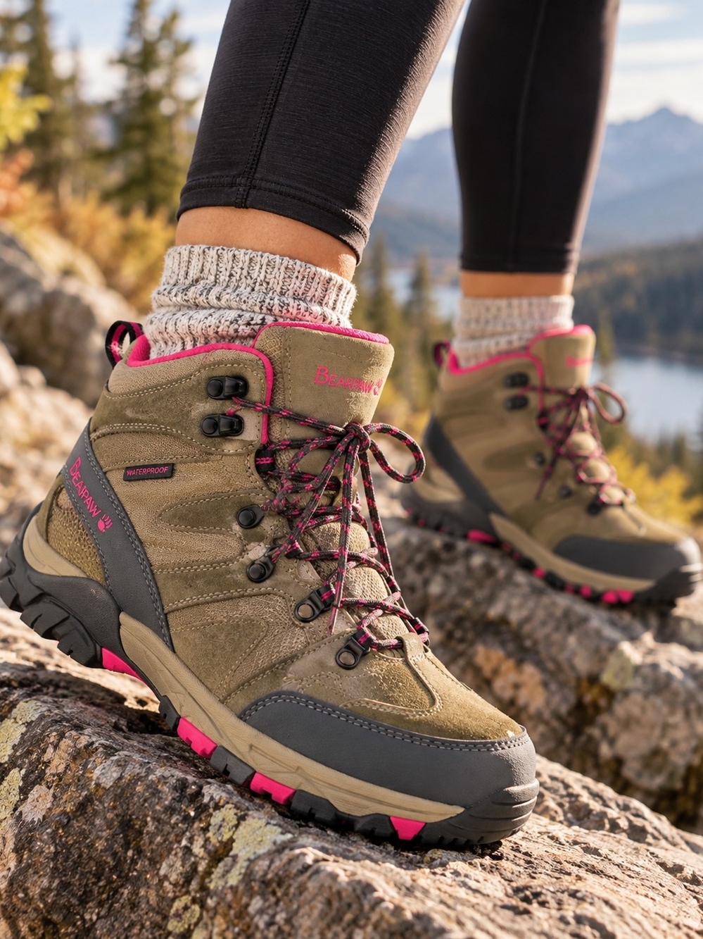 Waterproof Hiking Boots Olive Pink Outdoor Trail Bearpaw Corsica 9